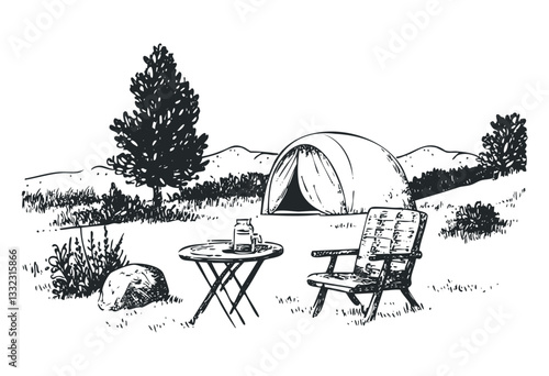 Hand-drawn camping scene with tent, table, and chair in a scenic outdoor setting. Vector retro hand drawn illustration
