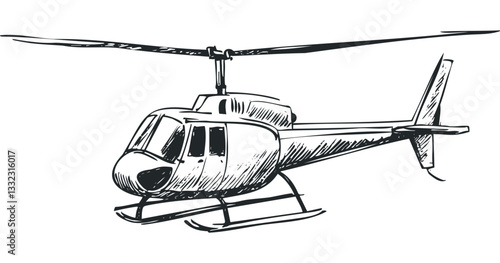 Sketch of a helicopter in flight with detailed rotor blades. Vector retro hand drawn illustration