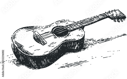 Hand-drawn acoustic guitar sketch illustration with detailed strings and body. Vector retro hand drawn illustration