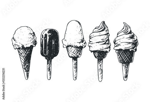 Variety of classic ice cream cones and popsicles in vintage style. Vector retro hand drawn illustration