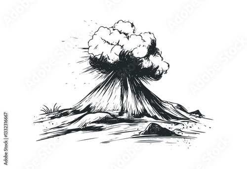 Sketch of volcanic eruption with ash cloud and lava flow. Vector retro hand drawn illustration