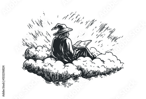 Wizard reading spellbook on cloud in black and white illustration. Vector retro hand drawn illustration