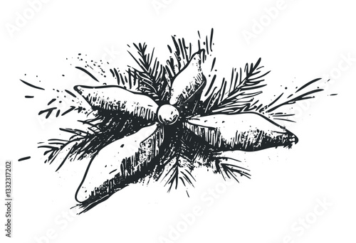 Hand-drawn stylized poinsettia and pine needles illustration. Vector retro hand drawn illustration
