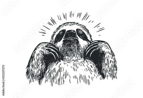 Illustration of a relaxed sloth with raised arms. Vector retro hand drawn illustration