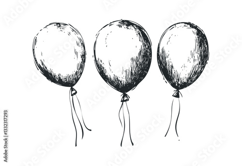 Hand-drawn sketch of three floating balloons with strings. Vector retro hand drawn illustration
