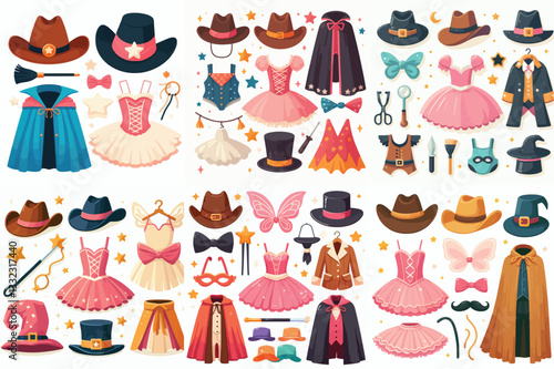 vector various children's costume pieces, such as a cowboy hat, ballerina tutu, and magician's cape, displayed against