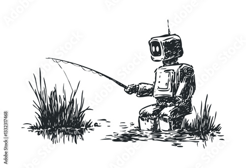 Sketch of humanoid robot fishing by the pond with reed grass. Vector retro hand drawn illustration