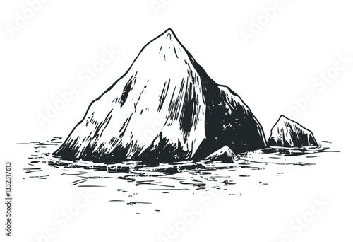 Hand-drawn mountainous rock formation emerging from sea. Vector retro hand drawn illustration