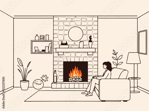 People by fireplace vector linear