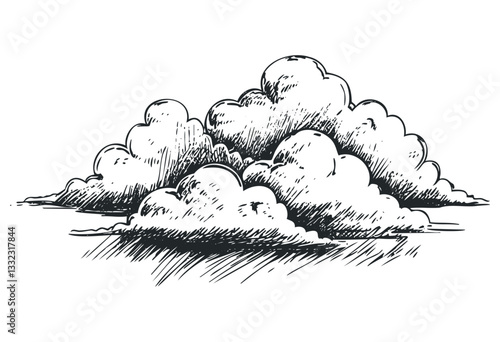 Sketch of fluffy clouds illustrating natural serenity and calm atmosphere. Vector retro hand drawn illustration