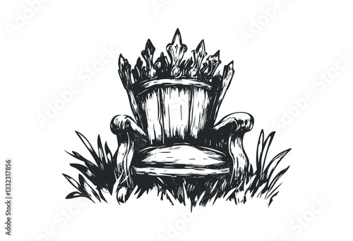 Ornate throne illustration with crown backrest and floral accents. Vector retro hand drawn illustration