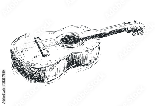Acoustic guitar sketch artwork depicting classic musical instrument design. Vector retro hand drawn illustration