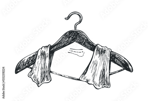 Hand-drawn wooden coat hanger with draped cloth sketch art. Vector retro hand drawn illustration