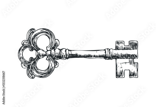 Vintage ornate skeleton key hand-drawn illustration with intricate details. Vector retro hand drawn illustration