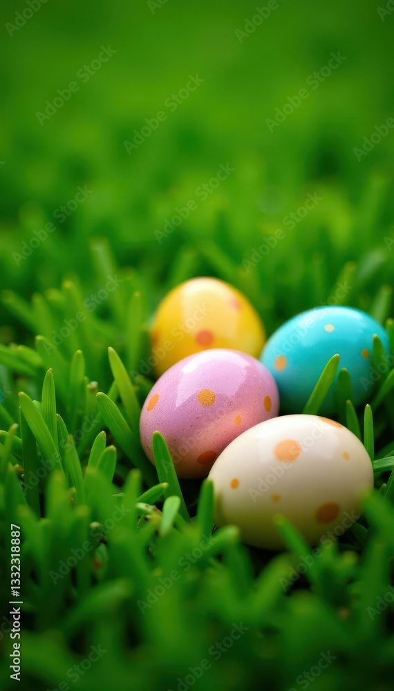 Speckled eggs scattered across a lush green lawn , spring, field Speckled eggs scattered across a lush green lawn , spring, field