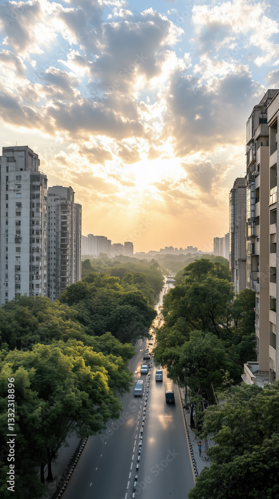 Fototapeta premium serene urban landscape featuring tall buildings, lush trees, and sunlit sky. scene captures essence of modern city life with peaceful atmosphere