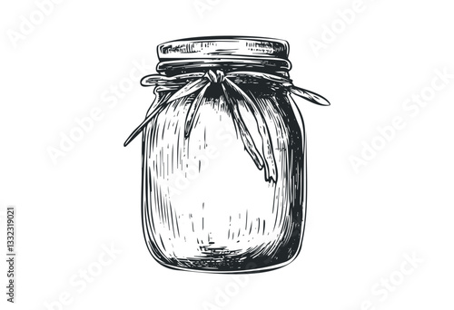 Vintage mason jar with bow sketch in detailed line art style. Vector retro hand drawn illustration
