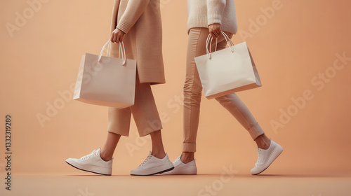 A visually appealing shot capturing the midsection and legs of two stylish individuals walking together, each holding elegant shopping bags