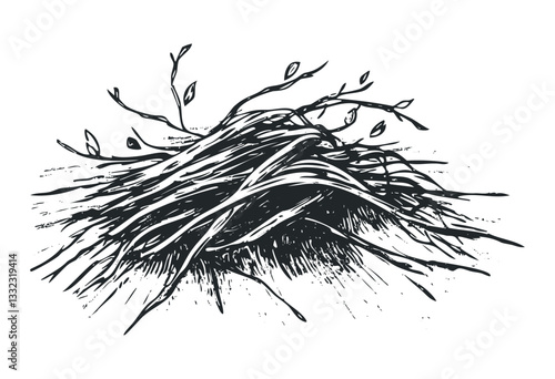 Monochrome drawing of a bird's nest with twigs and leaves. Vector retro hand drawn illustration