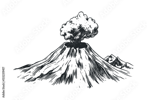 Eruption of volcano with smoke plume in detailed monochrome sketch. Vector retro hand drawn illustration