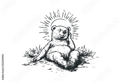 Relaxed bear enjoying the sunshine in a peaceful meadow scene. Vector retro hand drawn illustration