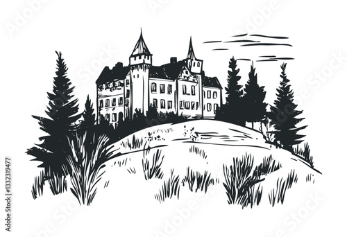 Black and white sketch of historic hilltop castle with surrounding trees. Vector retro hand drawn illustration