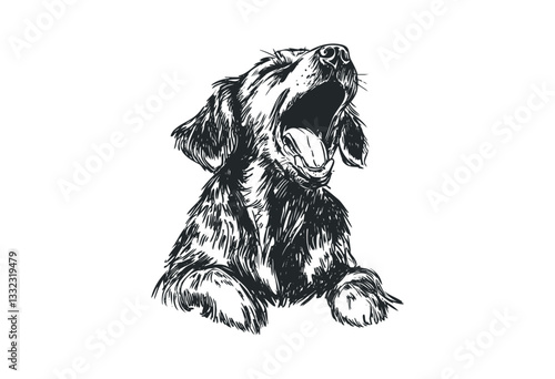 Detailed illustration of a yawning dog in black and white. Vector retro hand drawn illustration
