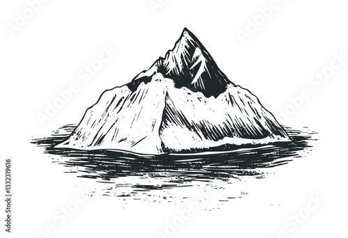 Hand-drawn mountainous iceberg floating on water with detailed shading. Vector retro hand drawn illustration
