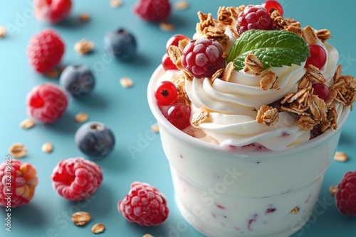 Yogurt with granola and berries on a blue background.