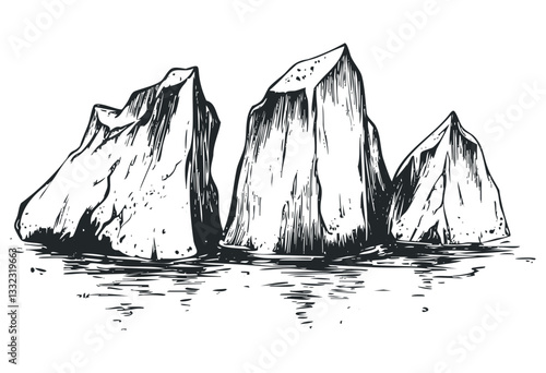 Detailed sketch of three icebergs floating on water in black and white. Vector retro hand drawn illustration