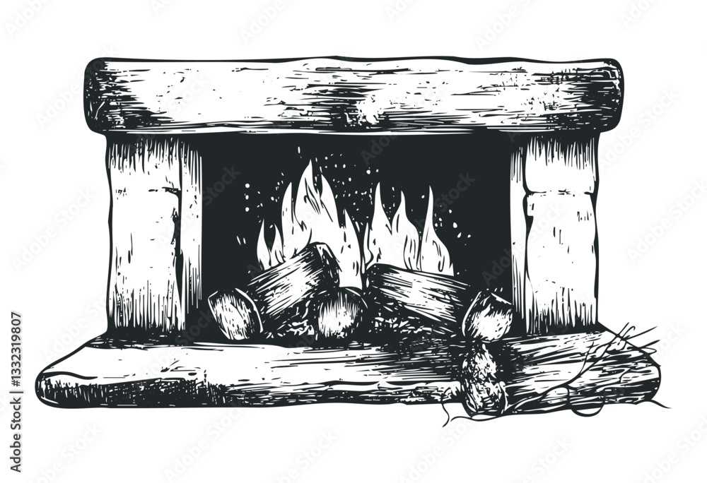 Fototapeta premium Rustic wood-burning fireplace sketch with logs and flames. Vector retro hand drawn illustration