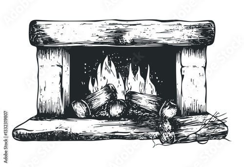 Rustic wood-burning fireplace sketch with logs and flames. Vector retro hand drawn illustration