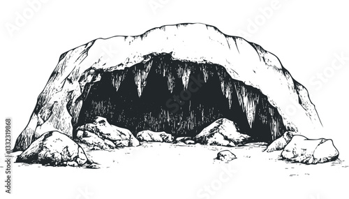 Illustration of a rocky cave entrance with stalactites and boulders. Vector retro hand drawn illustration