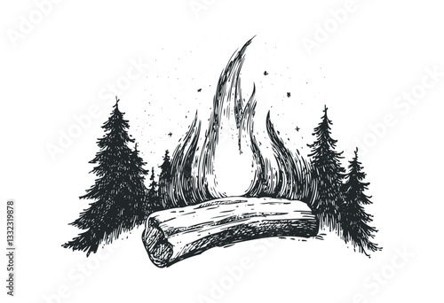 Monochrome forest campfire with pine trees and burning log illustration. Vector retro hand drawn illustration