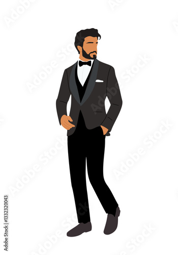 Businessman character in formal or black tie outfit. Stylish bearded handsome guy wearing black tuxedo and bow tie. Vector realistic illustration isolated