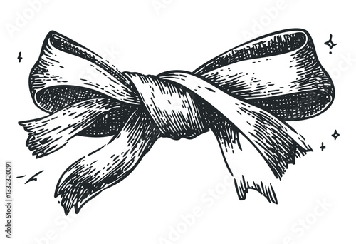 Detailed vintage black and white ribbon knot illustration in ink style. Vector retro hand drawn illustration