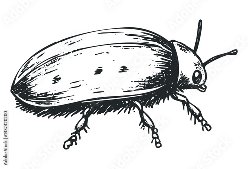 Detailed monochrome sketch of a beetle with intricate texture. Vector retro hand drawn illustration