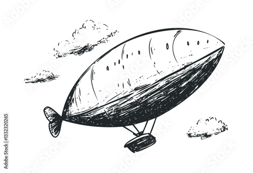 Black and white sketched airship blimp with clouds in the sky. Vector retro hand drawn illustration