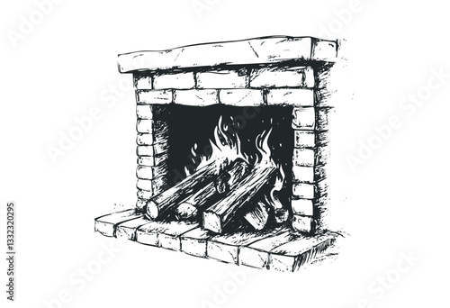 Hand-drawn sketch of a brick fireplace with burning logs. Vector retro hand drawn illustration