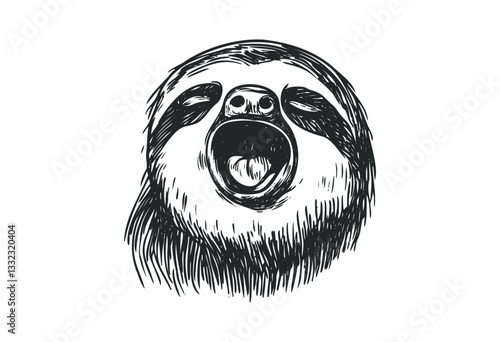 Illustration of a yawning sloth showing mouth and tongue in detailed black lines. Vector retro hand drawn illustration