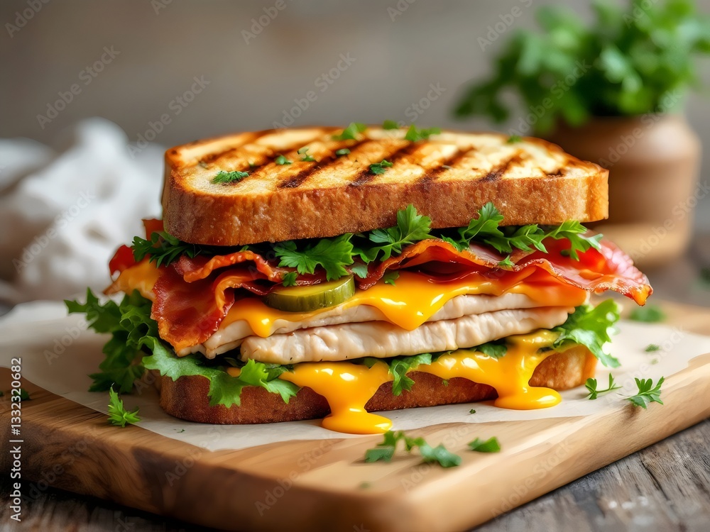 Delicious Grilled Cheese Sandwich with Bacon, Lettuce, and Tomato on a Wooden Cutting Board Delicious Grilled Cheese Sandwich with Bacon, Lettuce, and Tomato on a Wooden Cutting Board