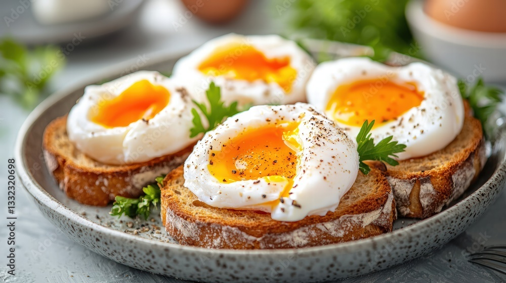 A plate of poached eggs served over crunchy sourdough in a realistic photography setting with copy space for text A plate of poached eggs served over crunchy sourdough in a realistic photography setting with copy space for text