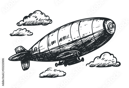 Vintage dirigible sketch with clouds in classic style. Vector retro hand drawn illustration