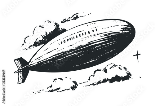Vintage airship illustration with clouds in retro style. Vector retro hand drawn illustration