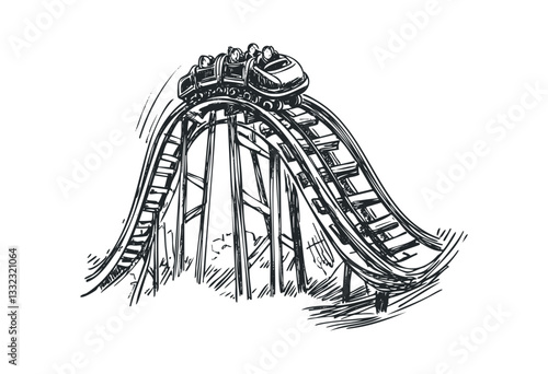 Roller coaster ride drawing with cars on curved tracks. Vector retro hand drawn illustration