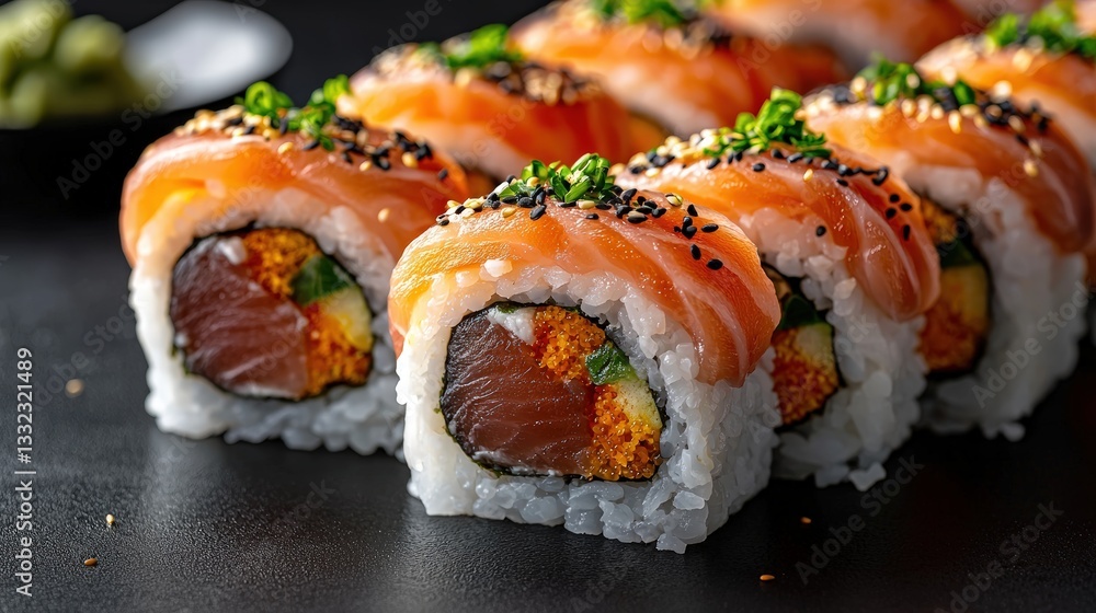 Spicy tuna sushi rolls beautifully arranged on a plate with colorful garnishes and a copy space for text Spicy tuna sushi rolls beautifully arranged on a plate with colorful garnishes and a copy space for text