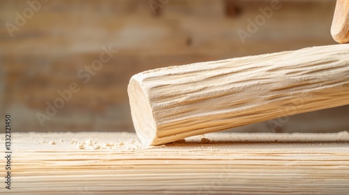 Chalk Production Concept, Close-up of a wooden log being shaped and smoothed with chalk mold in a softly lit workshop environment