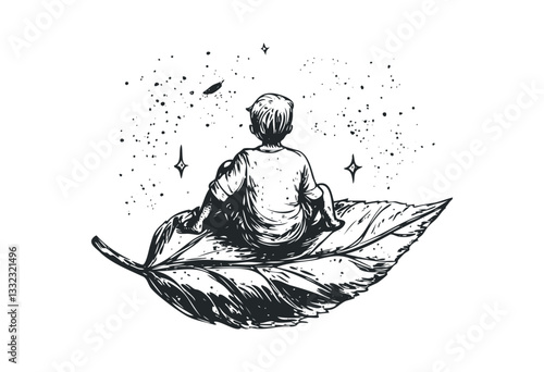 Young caucasian child sitting on a floating leaf under a starry sky. Vector retro hand drawn illustration