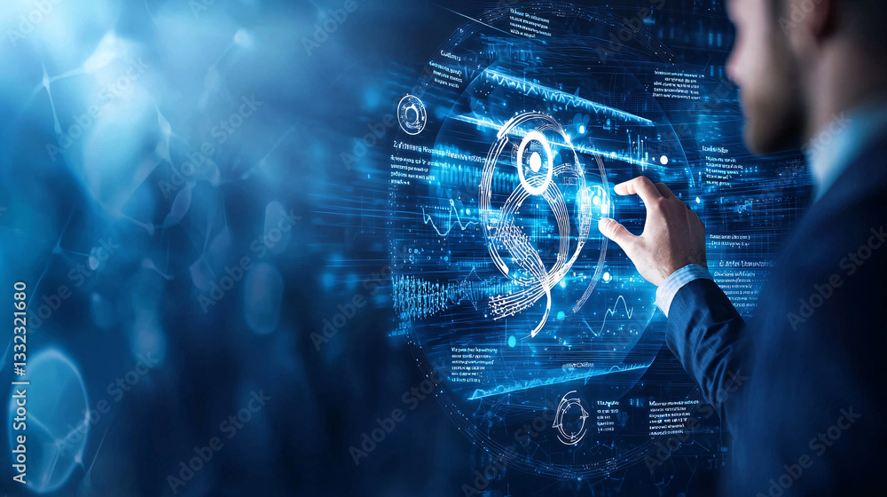 Businessman Interacting with Futuristic Holographic Interface Showing Data Analytics and Network Connections Businessman Interacting with Futuristic Holographic Interface Showing Data Analytics and Network Connections