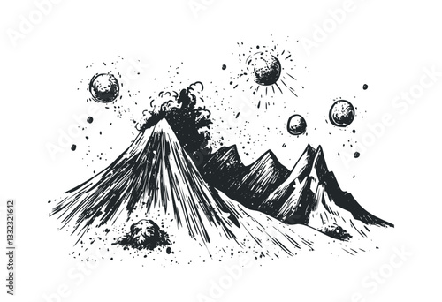 Monochrome volcano eruption with exotic mountains and celestial bodies. Vector retro hand drawn illustration